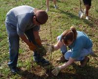 A camper and volunteer planting a tree.