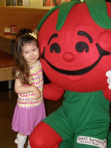 Sweetie the Tomato and a client from Easter Seals DuPage