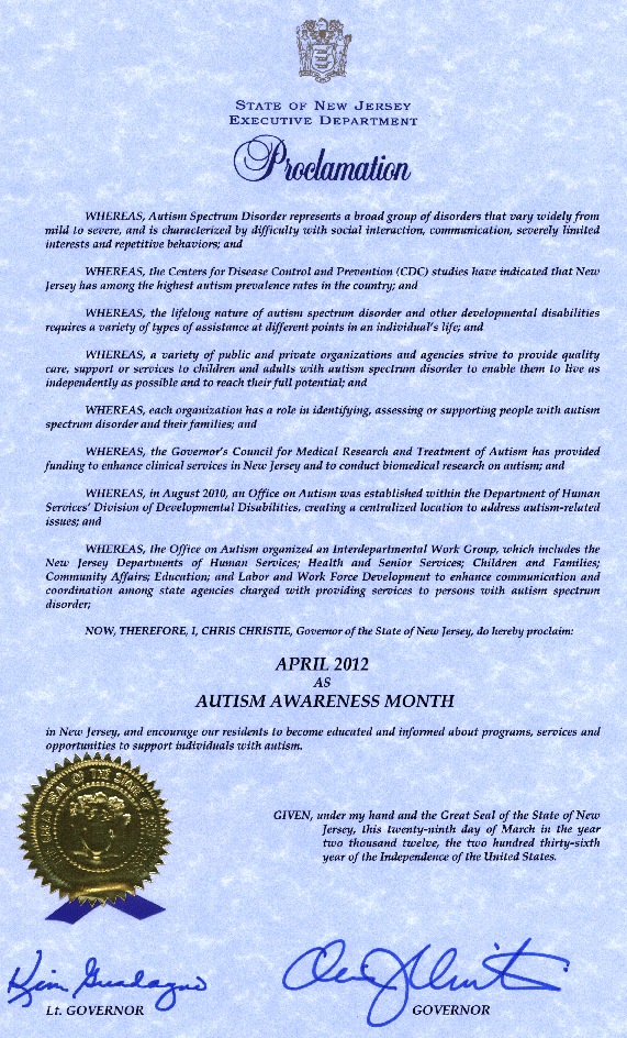 Official NJ Governor's Proclamation of Autism Awareness Mont